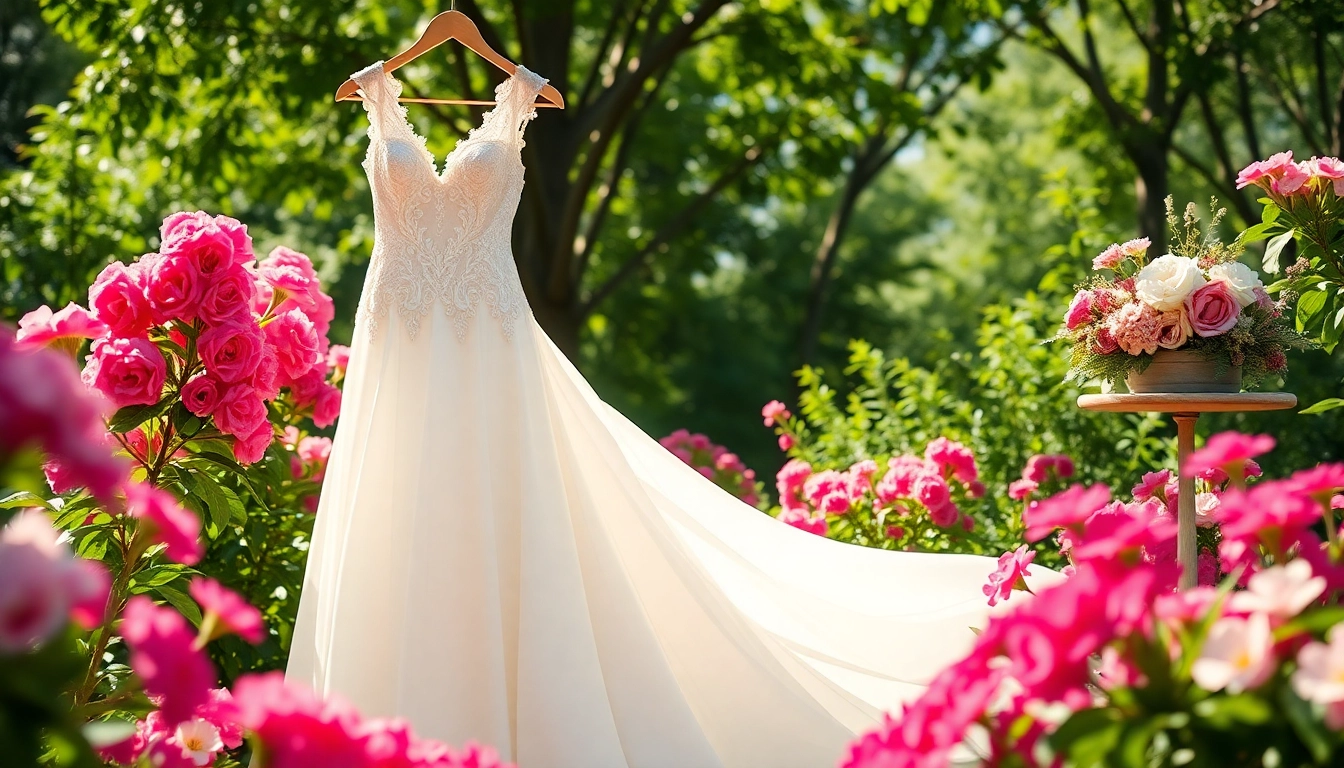 Showcase a stunning Fit and Flare Wedding Dress with lace details in a sunlit garden.