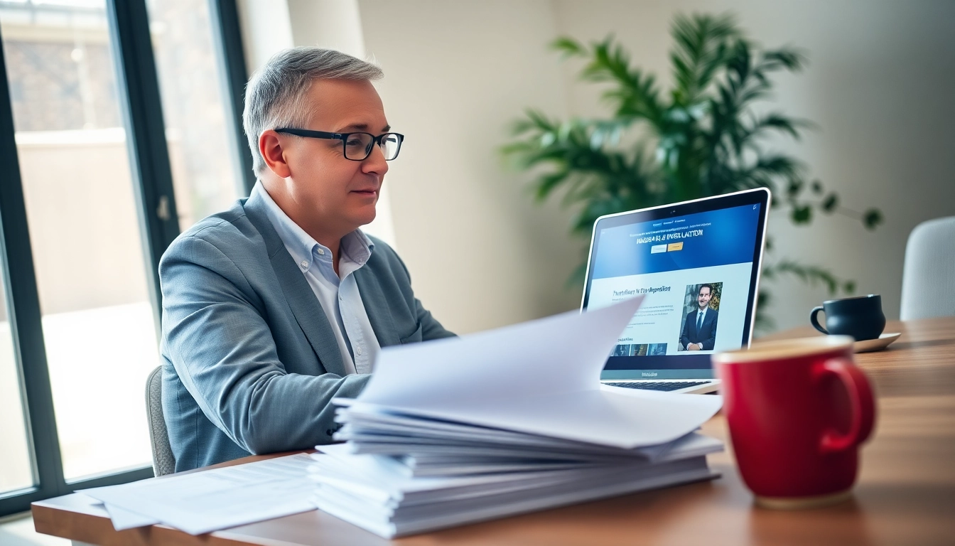 Complete a trademark application with a professional consultant studying documents and using a laptop.