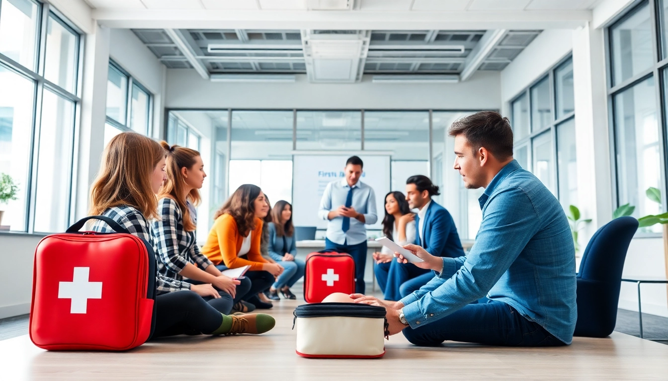 Employees engaged in workplace first aid training, learning vital emergency response techniques.