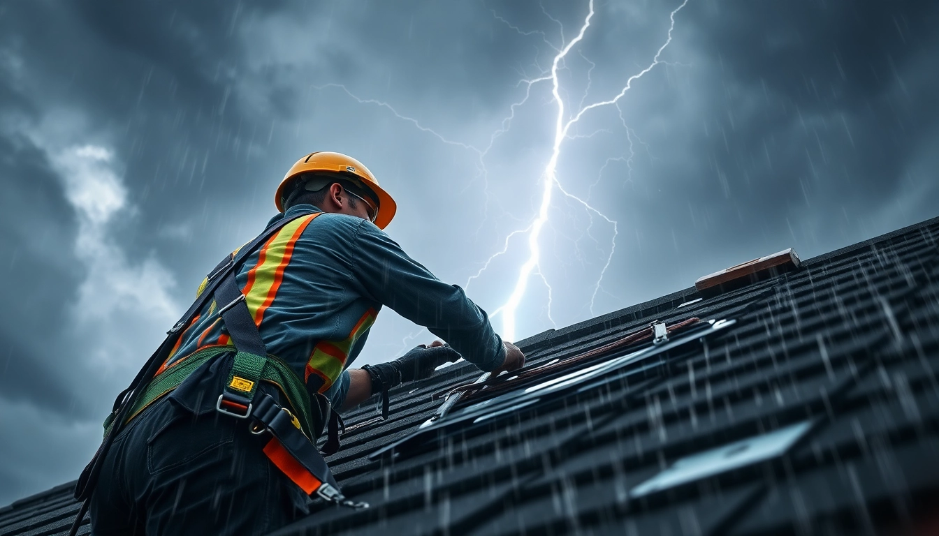 Responding to emergency roof repair Texas amidst a dramatic storm, showcasing urgency and professionalism.