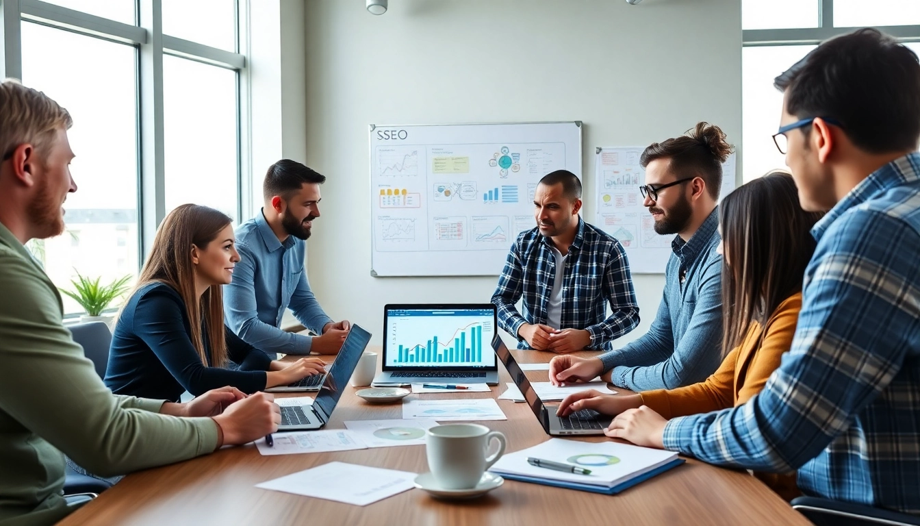 Team strategizing Edmonton SEO techniques in a vibrant modern office space.