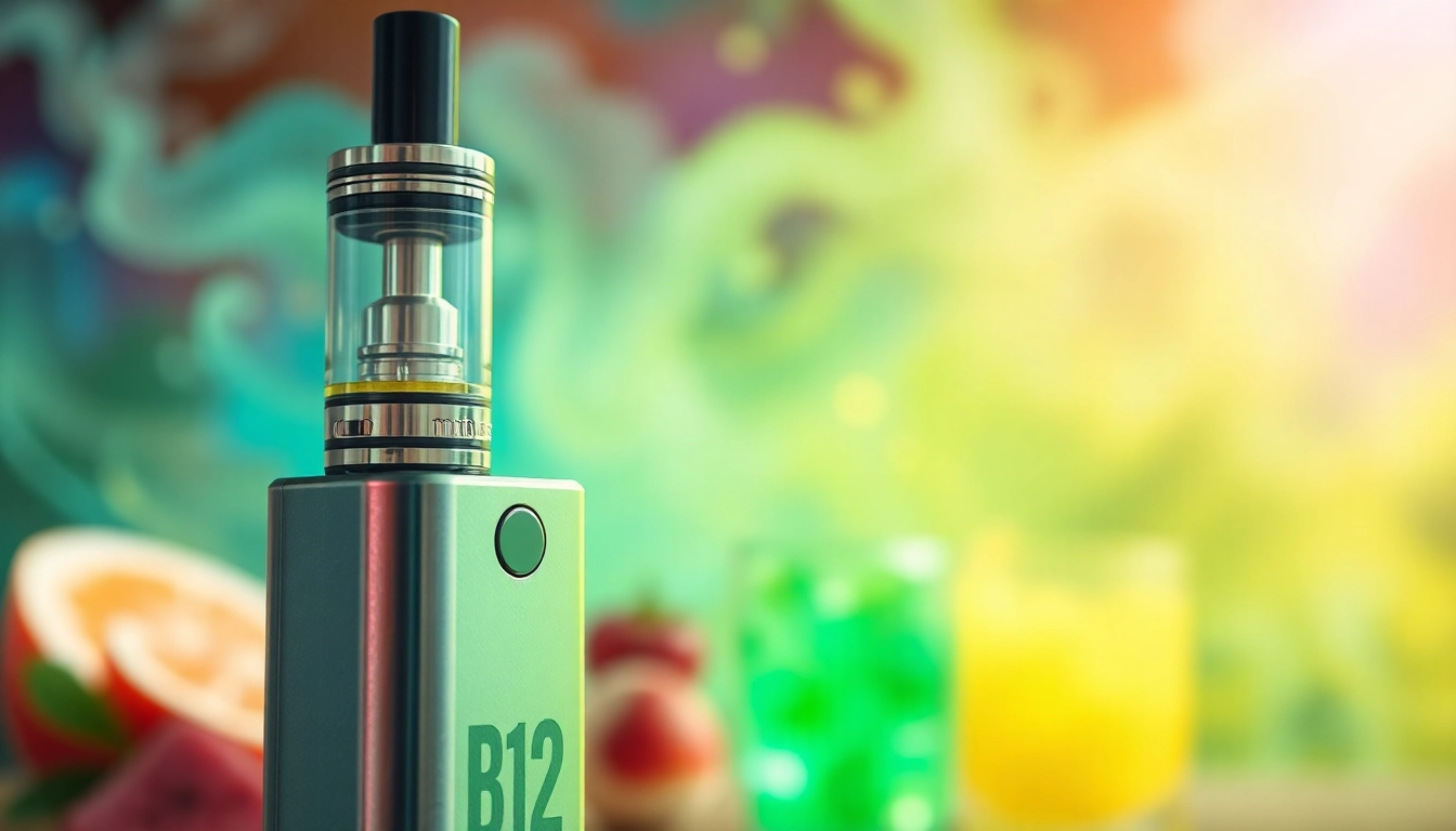 B12 vape device showcasing vibrant flavors and modern design in energetic setting.