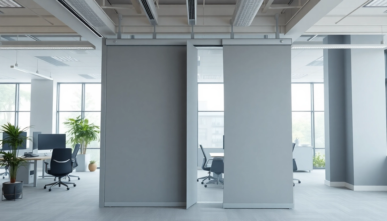 Demonstrating the versatility of a sliding partition wall transforming an office space efficiently.