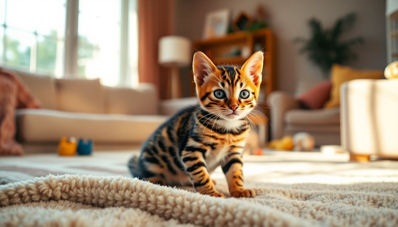 Bengal Kittens for Sale, playful kitten on a cozy blanket in a bright living room setting.