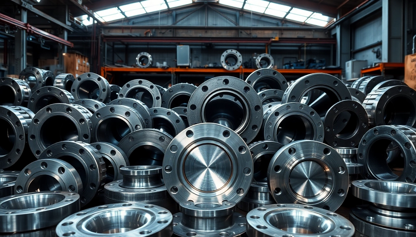 Showcase industrial flanges displayed on a workbench, highlighting their durability and design.