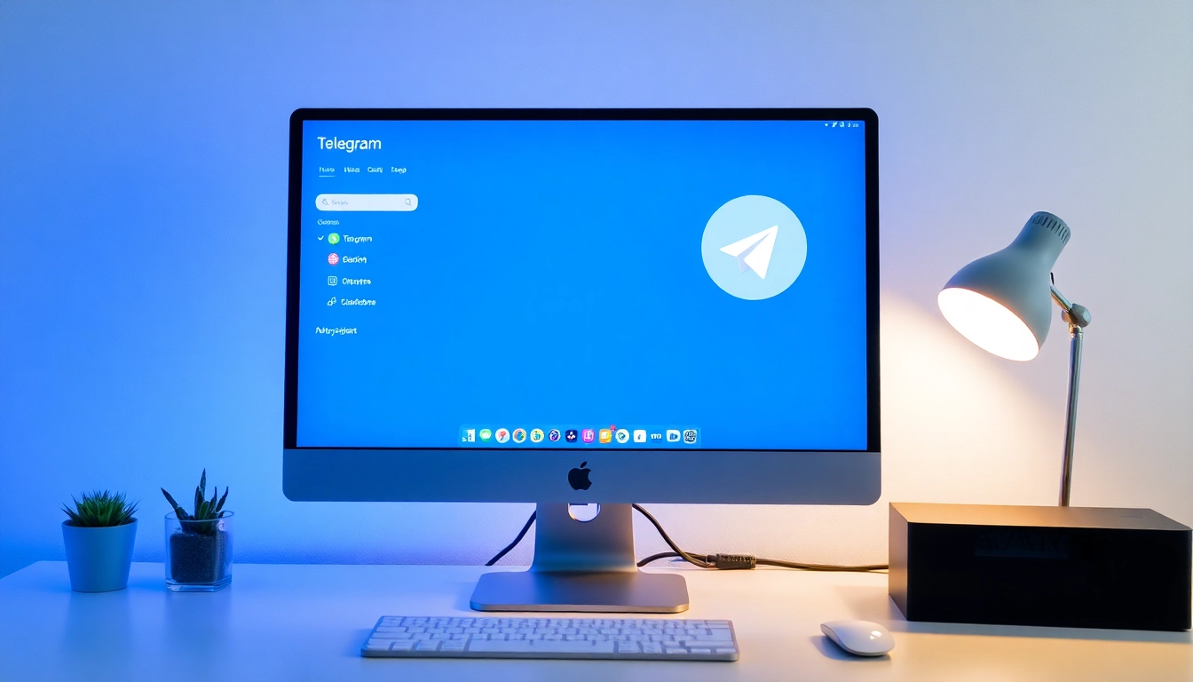 Using Telegram電腦版 on a sleek computer setup with vibrant interface elements.