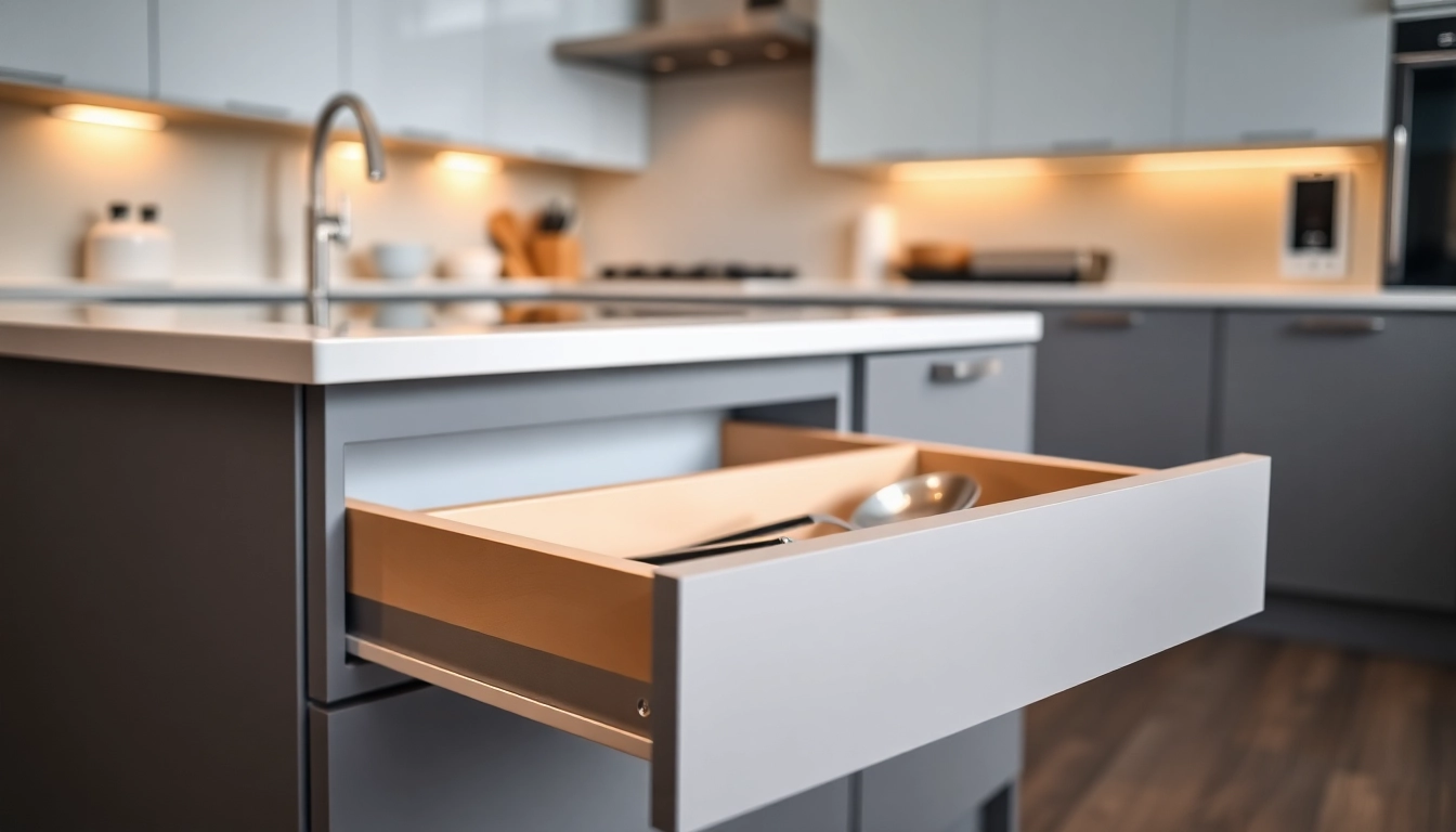 Sleek slim box drawer system offering modern storage solutions in a professional kitchen.
