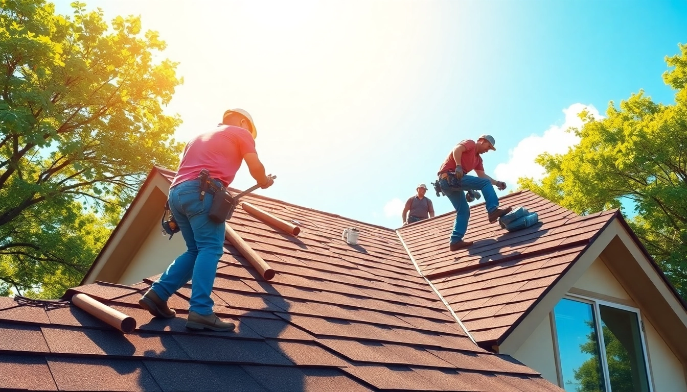 Showcasing the best roofing company in Austin, skilled contractors working on a house in full sunlight.