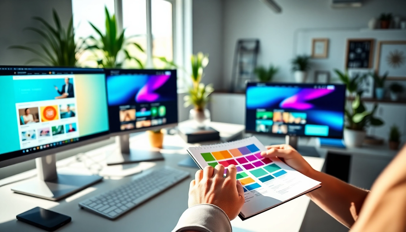 Create an engaging website design showcasing vibrant layouts and colorful palettes in a modern workspace.