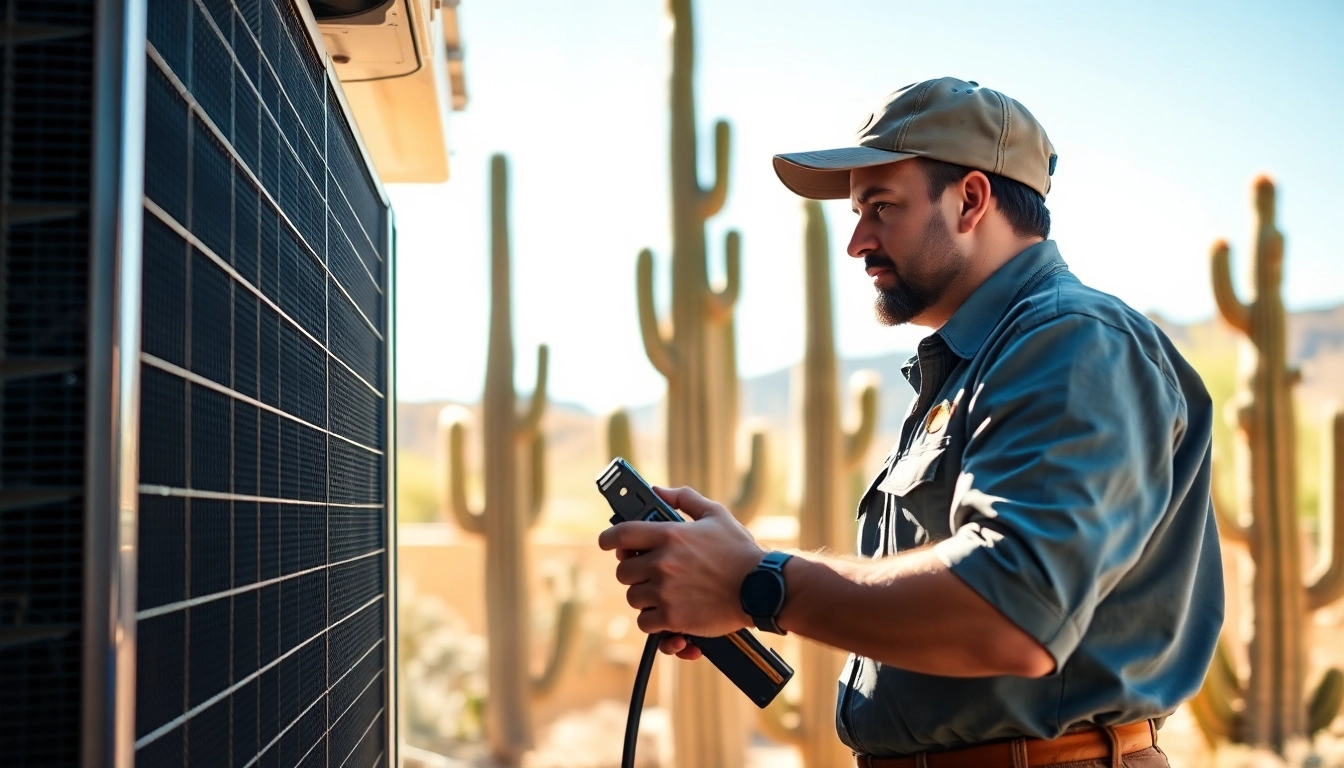 Scottsdale AC technician repairing an air conditioning unit in a sunny Arizona home.