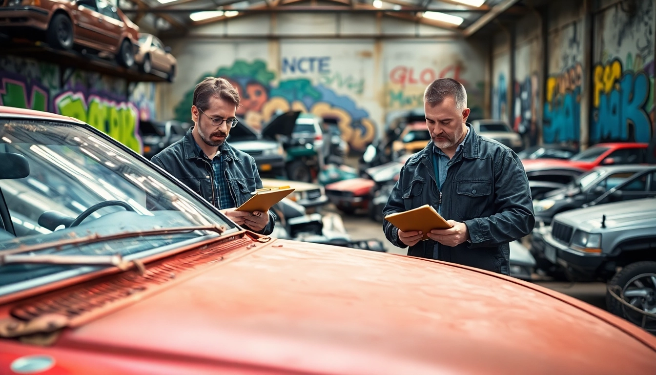 Junk car buyers assessing a vehicle in a dynamic urban junkyard environment.