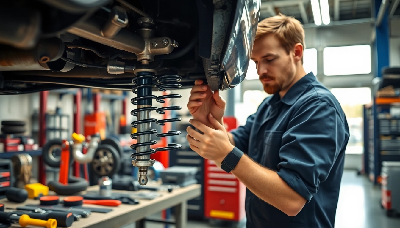 Change of shock absorbers in a professional auto workshop by a mechanic.