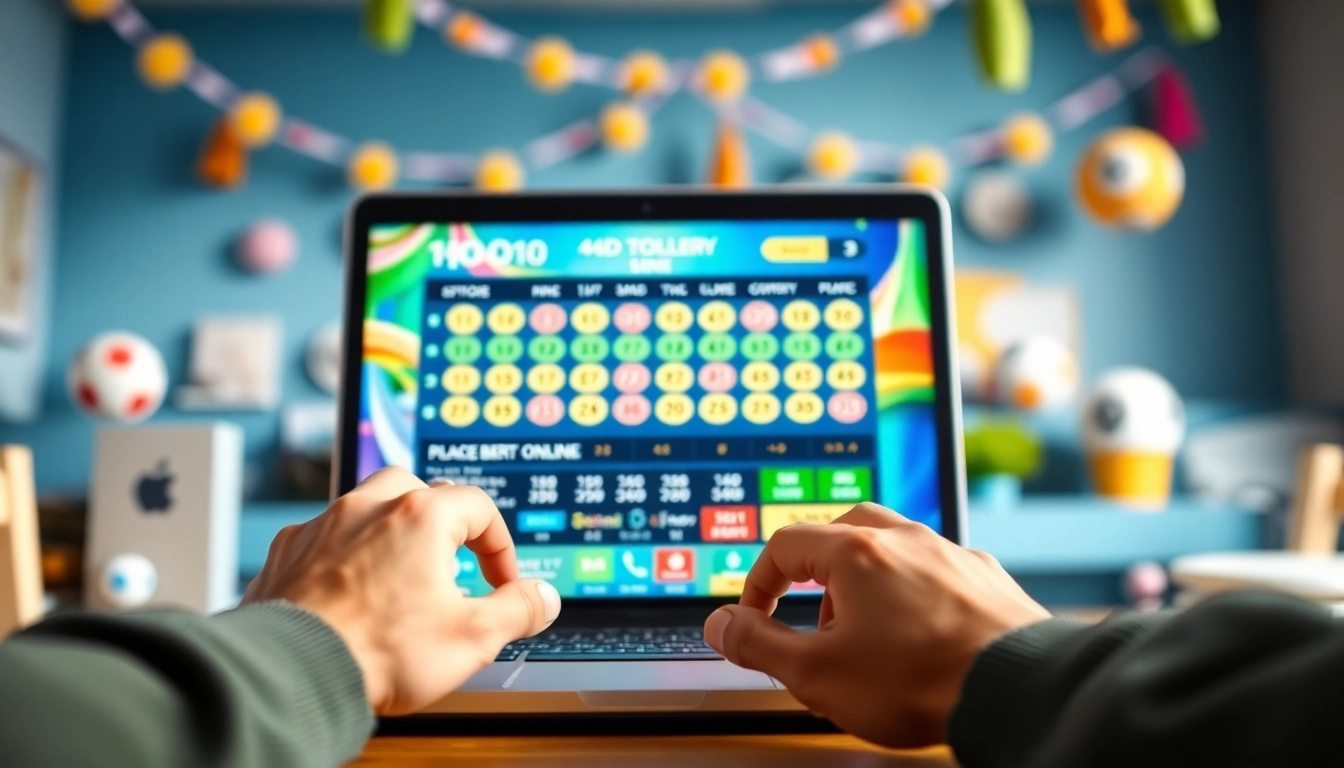 Buy 4D online with vibrant lottery ticket display and engaging betting atmosphere.