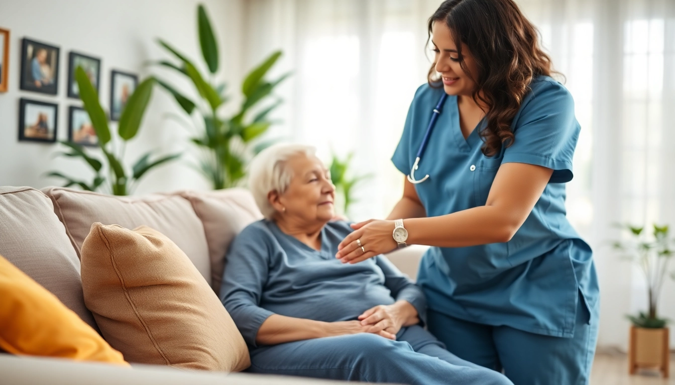 Providing compassionate in home care austin tx with a caregiver and elderly client in a warm living room.