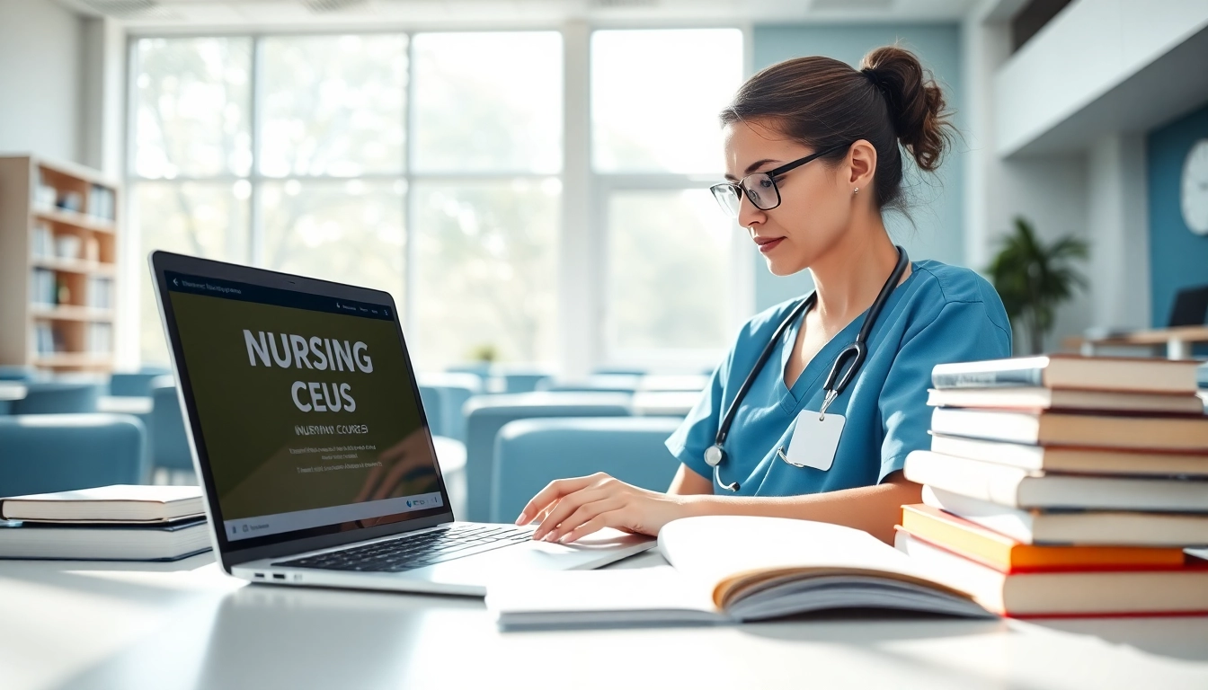 Enhance your nursing CEUs knowledge with a professional nurse studying in a bright classroom.