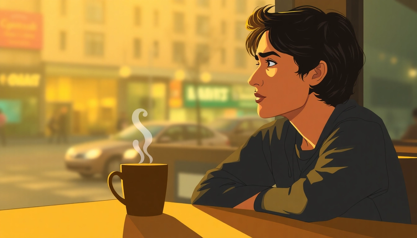 Reflective moment during a relationship breakup portrayed through a thoughtful individual in a coffee shop.