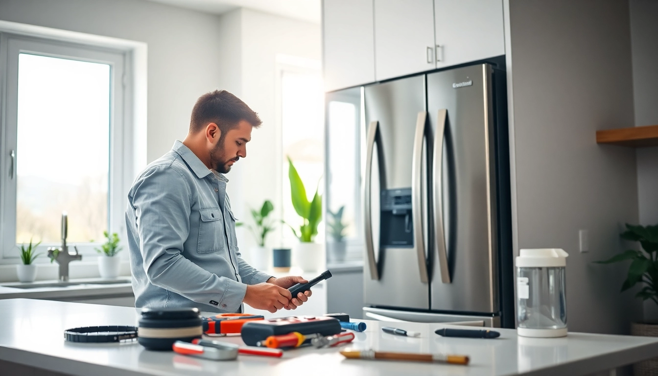 Technician conducts refrigerator repair with focus and precision in a modern kitchen.