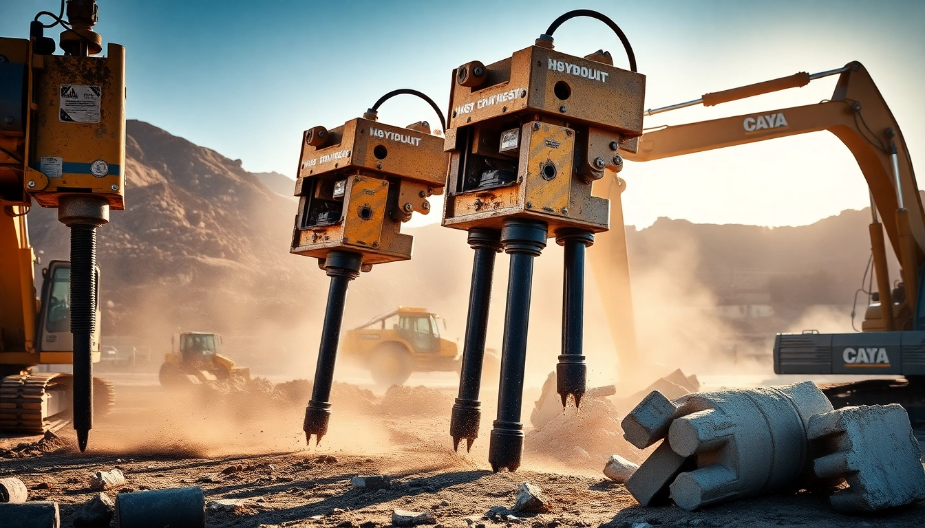 Hydraulic breakers efficiently demolishing concrete at a construction site, showcasing powerful machinery.