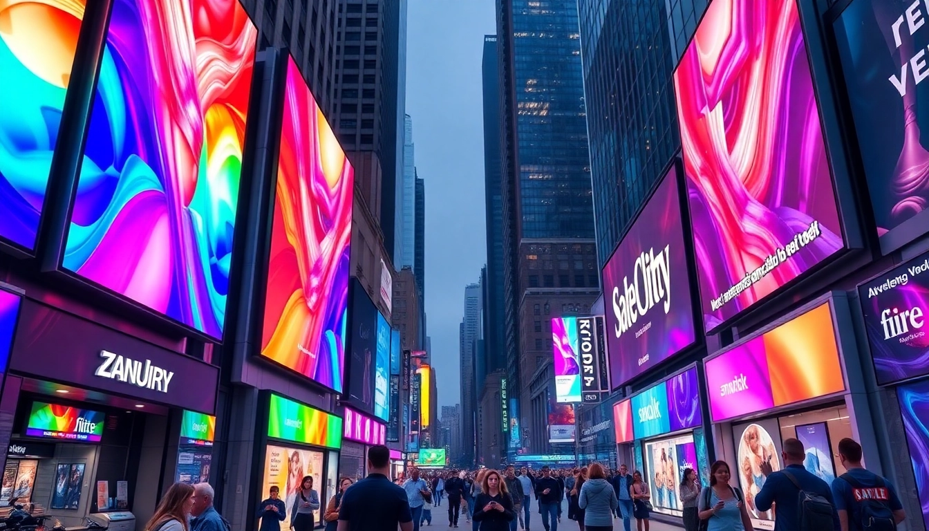 Engaging digital advertising boards illustrating dynamic content in an urban setting.