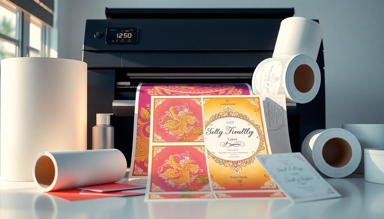 Vibrant cosmetic label printing setup showcasing intricate designs and professional tools.