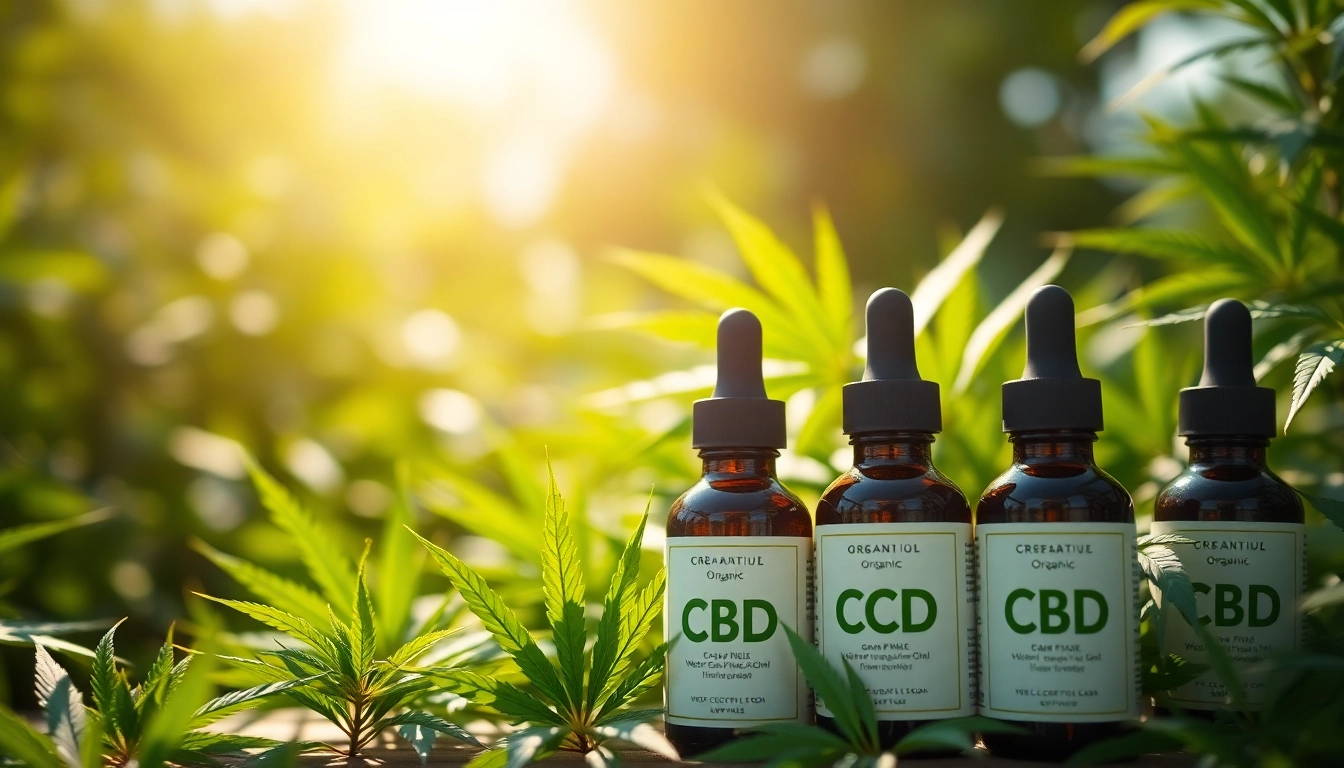 Highlighting cbd organics oil products with vibrant greenery in a natural setting.