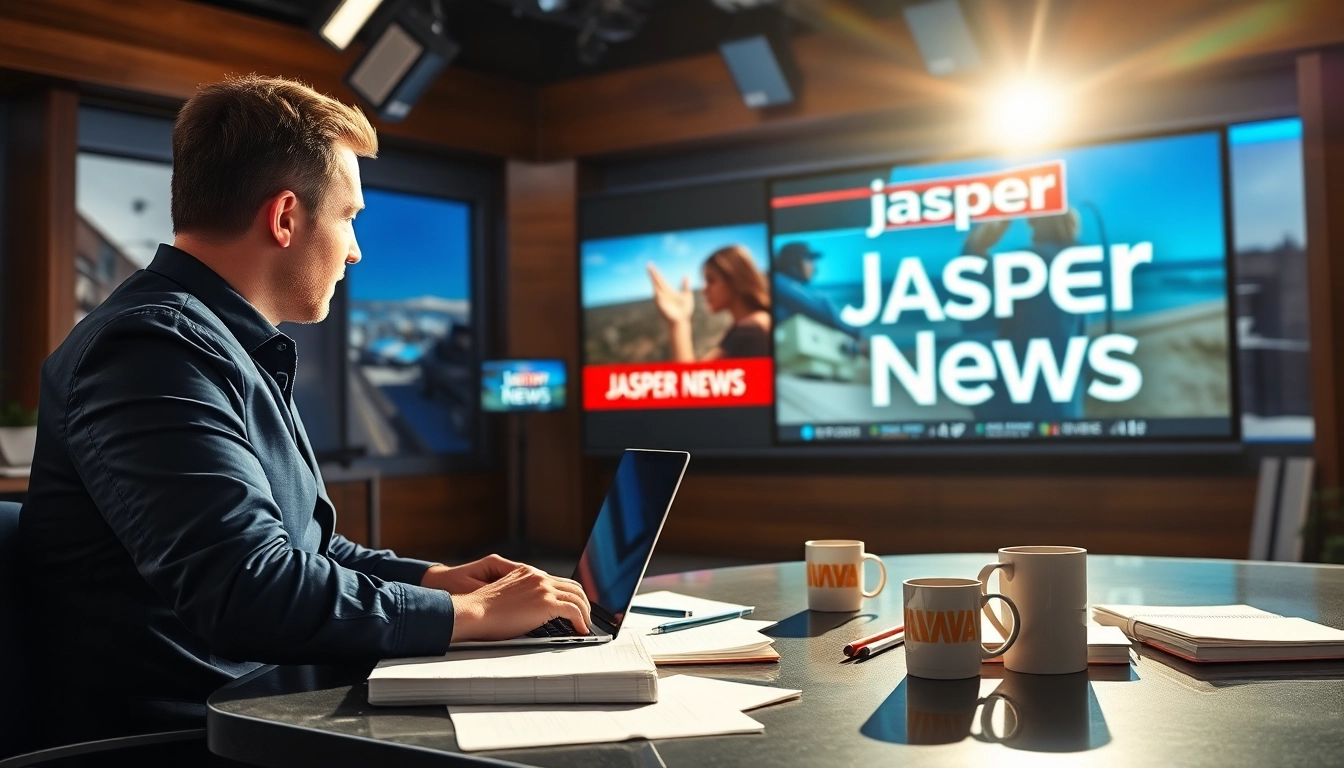 Breaking news coverage with a journalist focusing on jasper news in a lively newsroom.