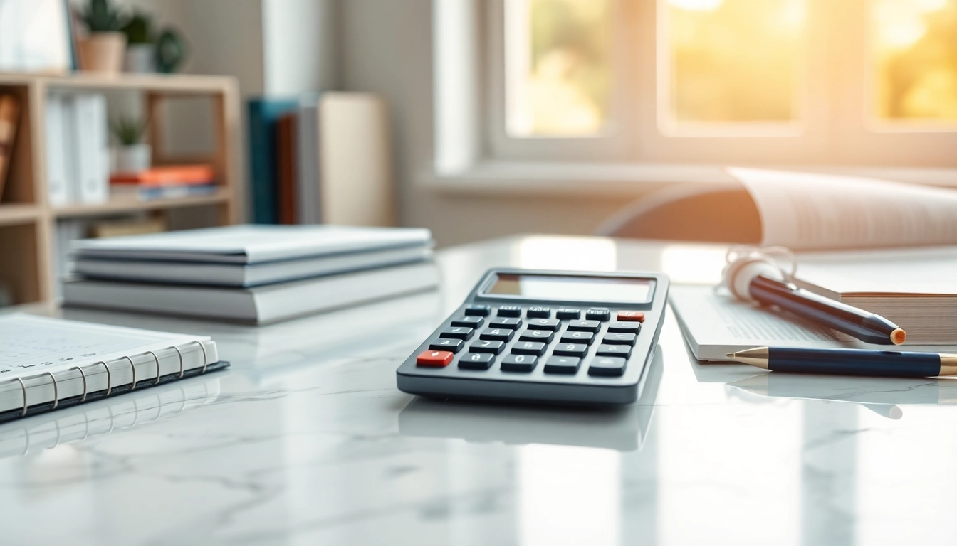 Utilize a Scientific Calculator showcasing advanced features and complex equations on a sleek desk.