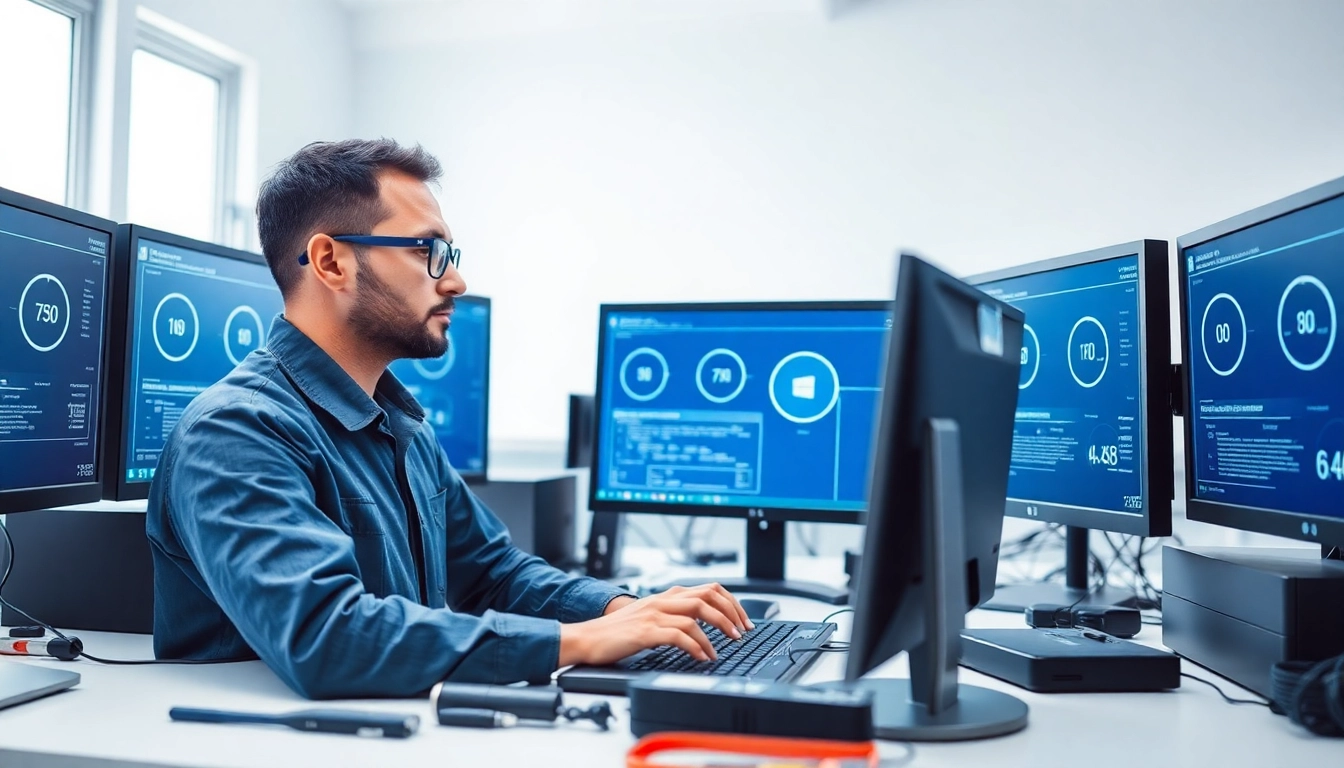 Speed up Windows 11 with a technician optimizing a computer in a high-tech setting.