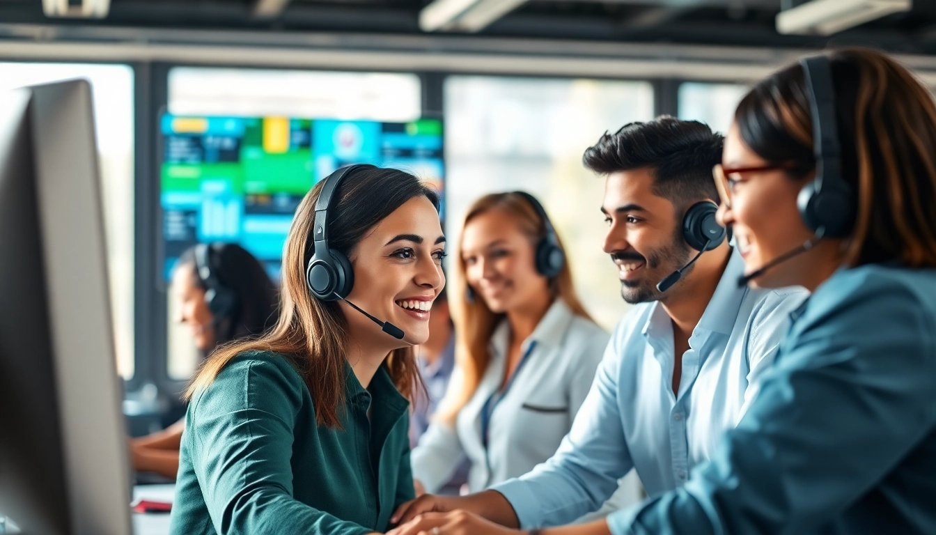 Callzent agents collaborating in a vibrant call center, illustrating teamwork and customer support.