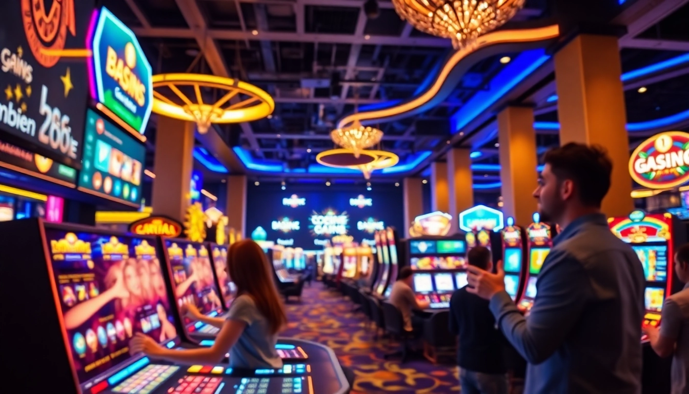 Engaging scene of players at the Best Online Casino Malaysia 2025, showcasing excitement and luxury in a vibrant setting.