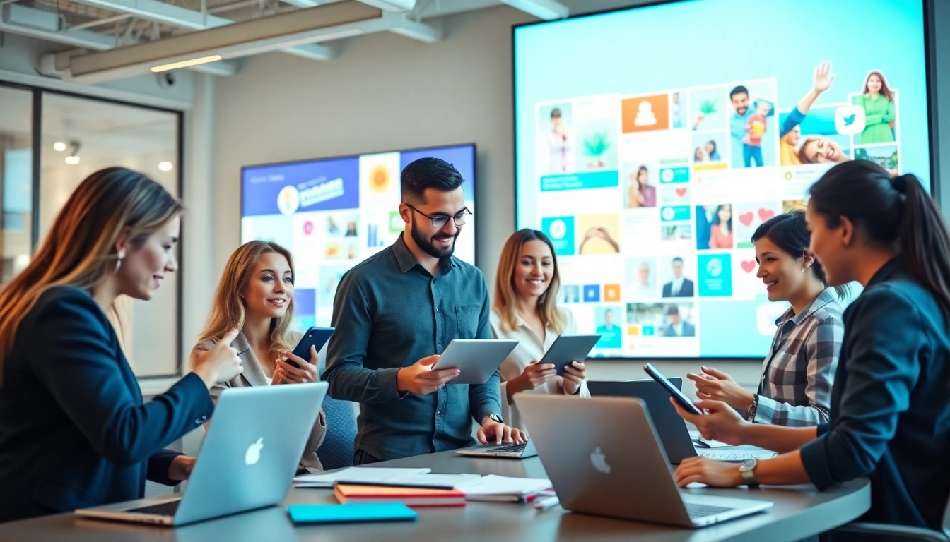 Engaging social media agency team collaborating in a modern workplace setting