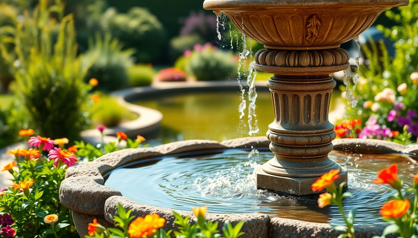Gartenbrunnen aus Naturstein mit Wasser, umgeben von bunten Blumen im Garten.