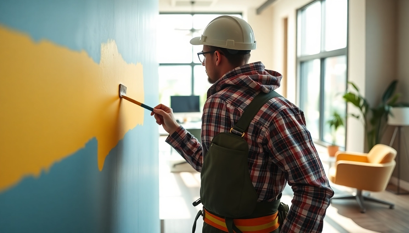 Commercial interior painter Minneapolis skillfully painting a vibrant office environment.
