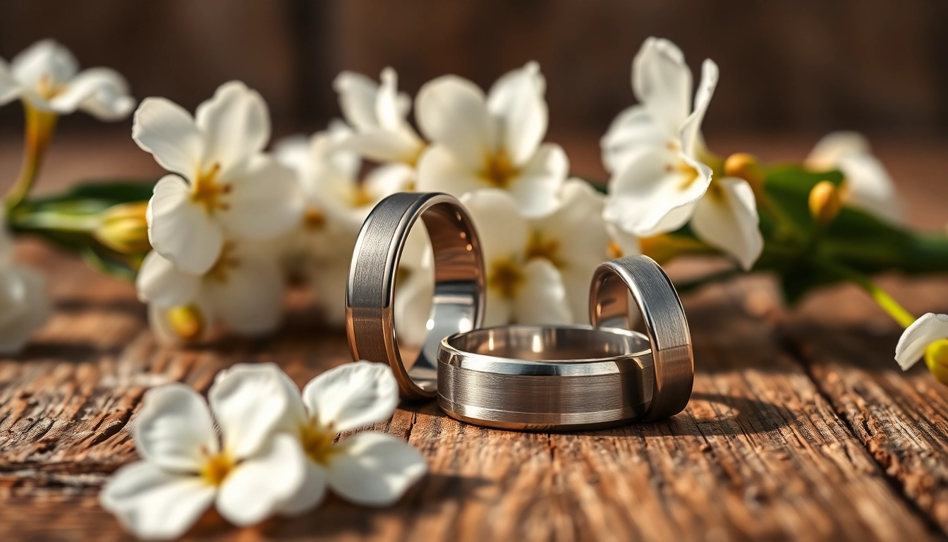 Showcasing tungsten wedding bands with elegant finishes and soft floral accents.