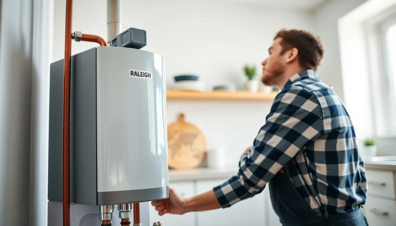Raleigh water heater installation by a professional plumber in a bright kitchen environment.