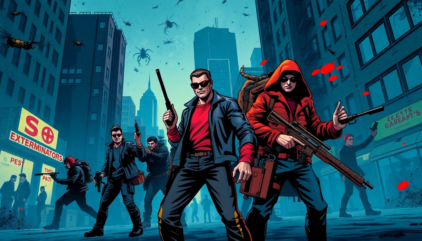 Action scene featuring The Exterminators comic book characters battling urban pests.