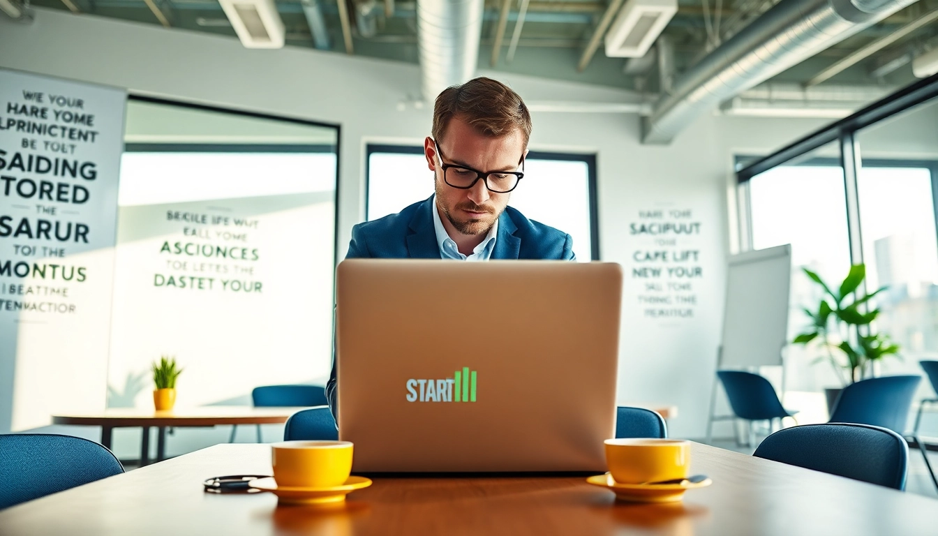 Launchsuccessfulstartup entrepreneur focused on metrics in a vibrant co-working space.