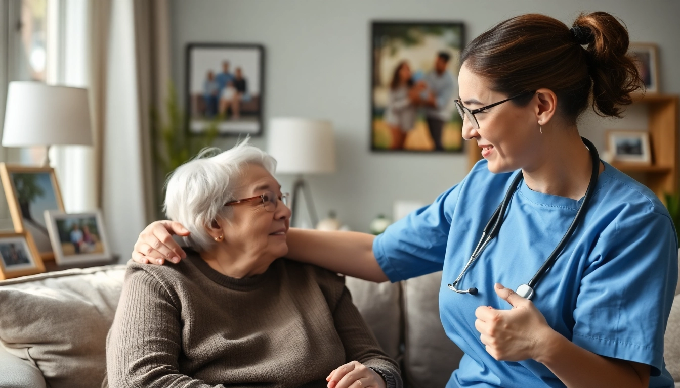 Engaging in home care austin tx with a professional caregiver and an elderly client in a warm living room.