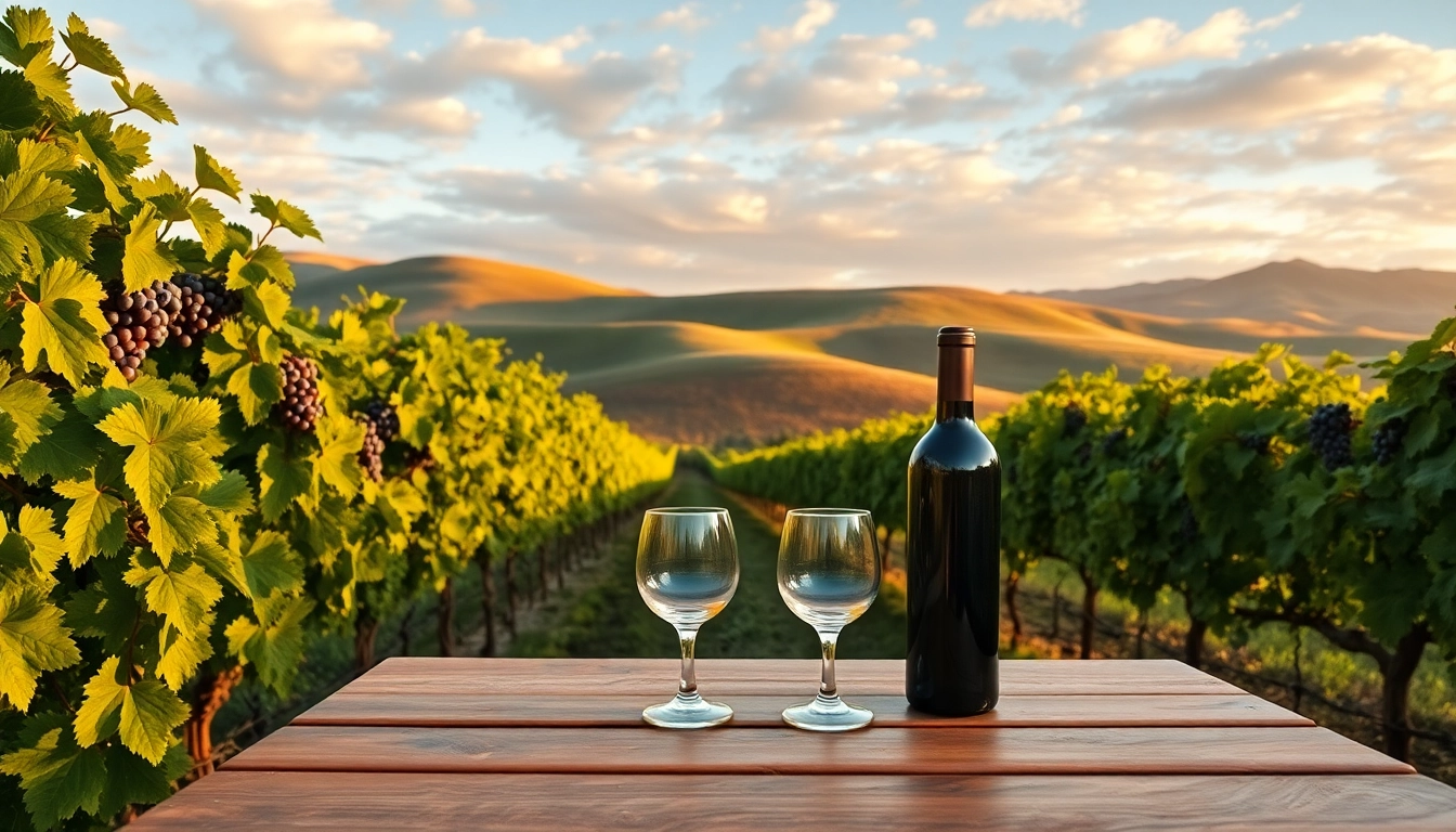 Discover the scenic beauty of Carksburg ca with vineyards and a bottle of wine.