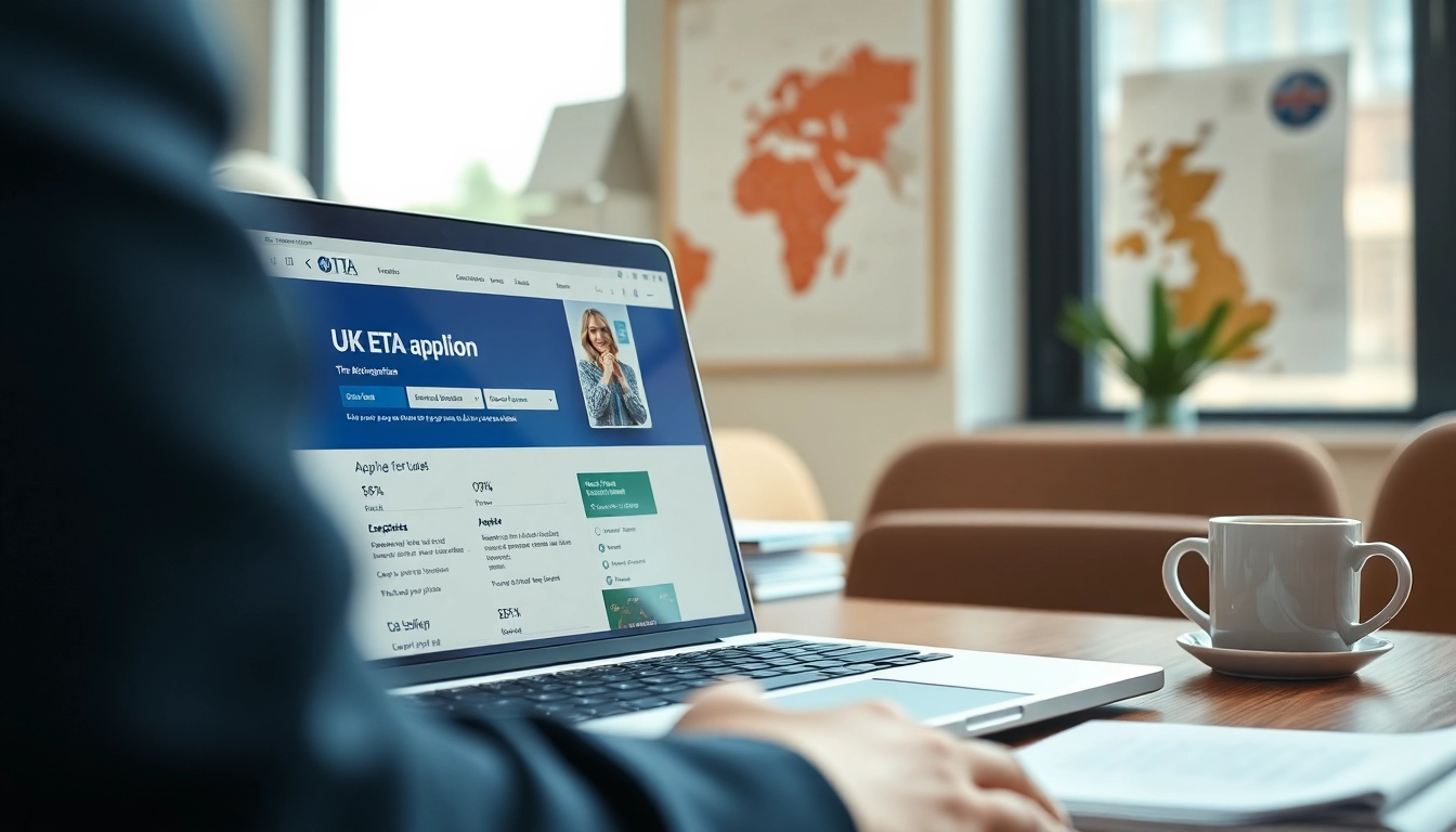 Apply for uk eta online application on a laptop in a professional office setting.