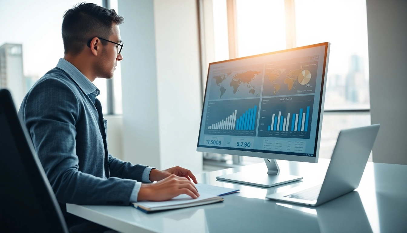 Purchasing consultant analyzing market data in a modern office environment.