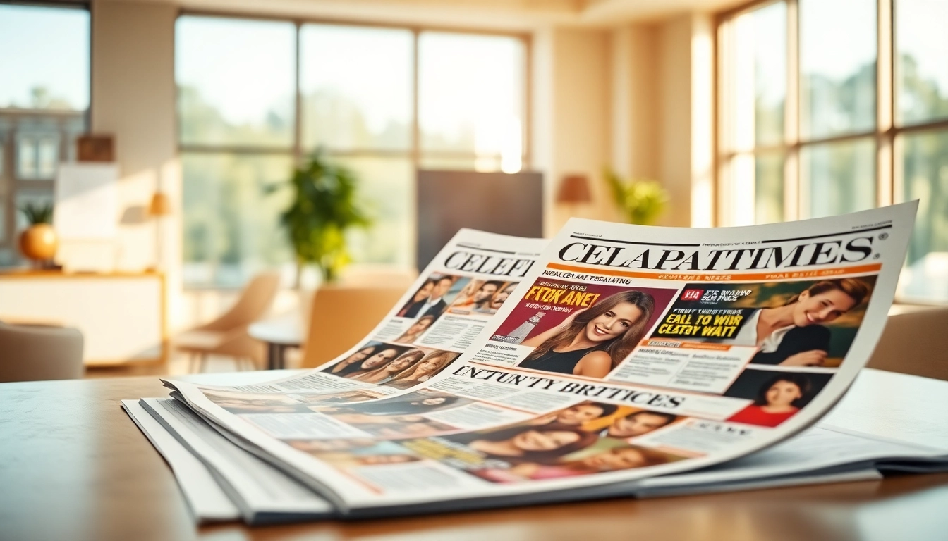 Showcasing a vibrant celebrity newspaper layout on a desk, highlighting glossy covers and engaging headlines.