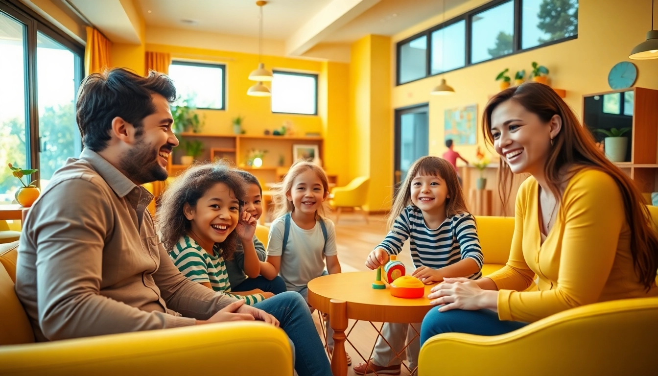 Families enjoying their stay at a welcoming Familienunterkunft with vibrant decorations and activities.