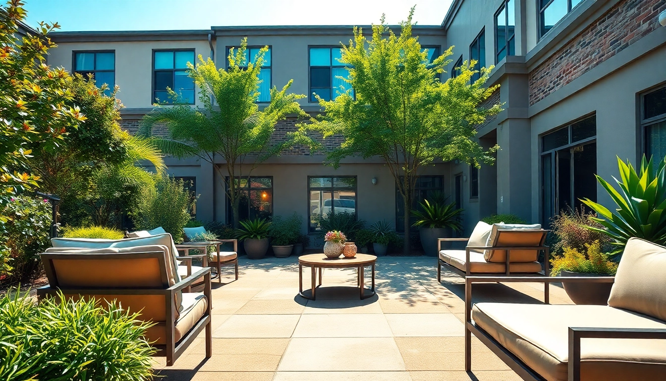 Showcasing rental property management with a well-kept apartment complex surrounded by greenery.