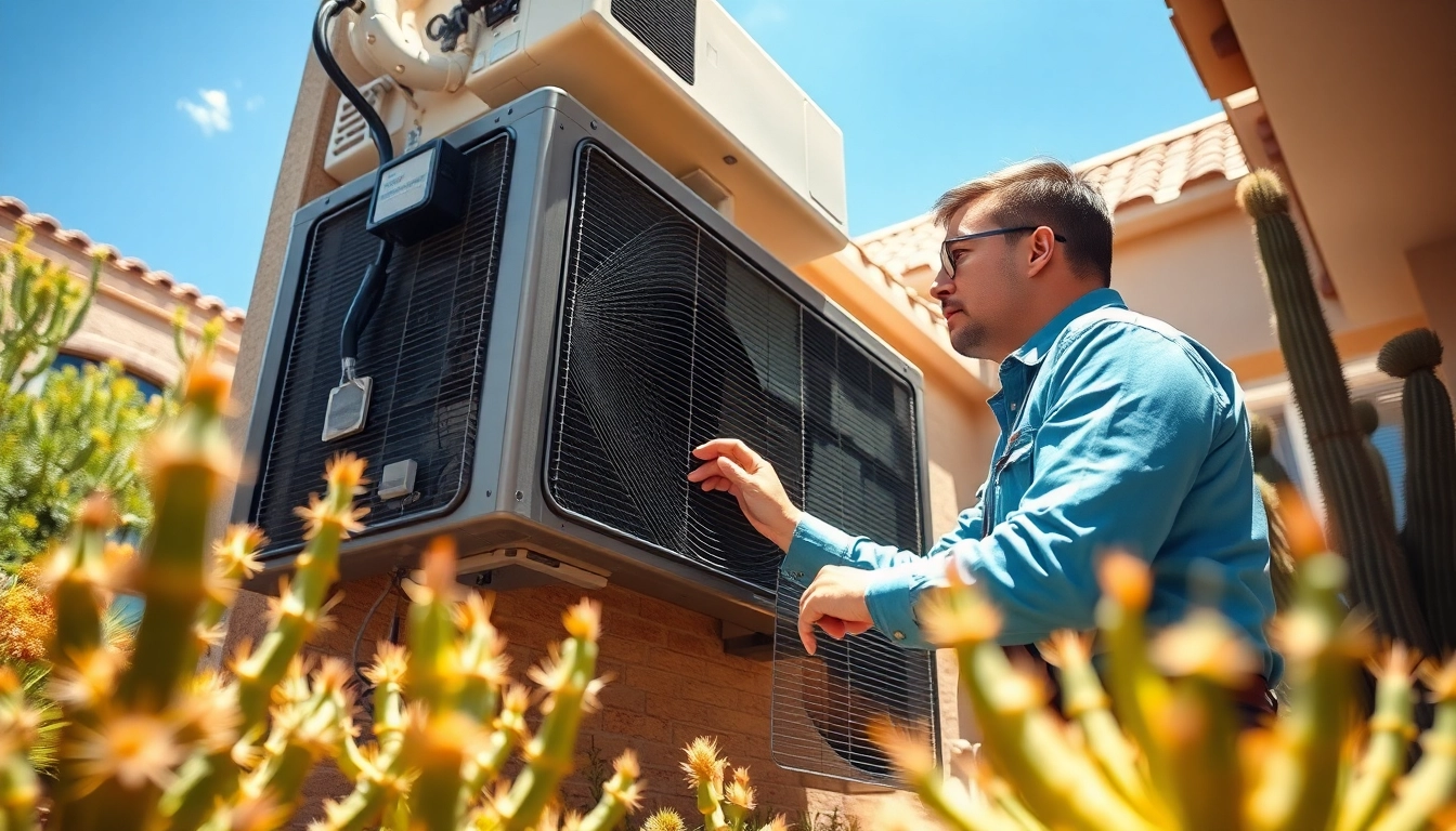 Fixing scottsdale ac unit in a warm Scottsdale residential setting with a technician working.