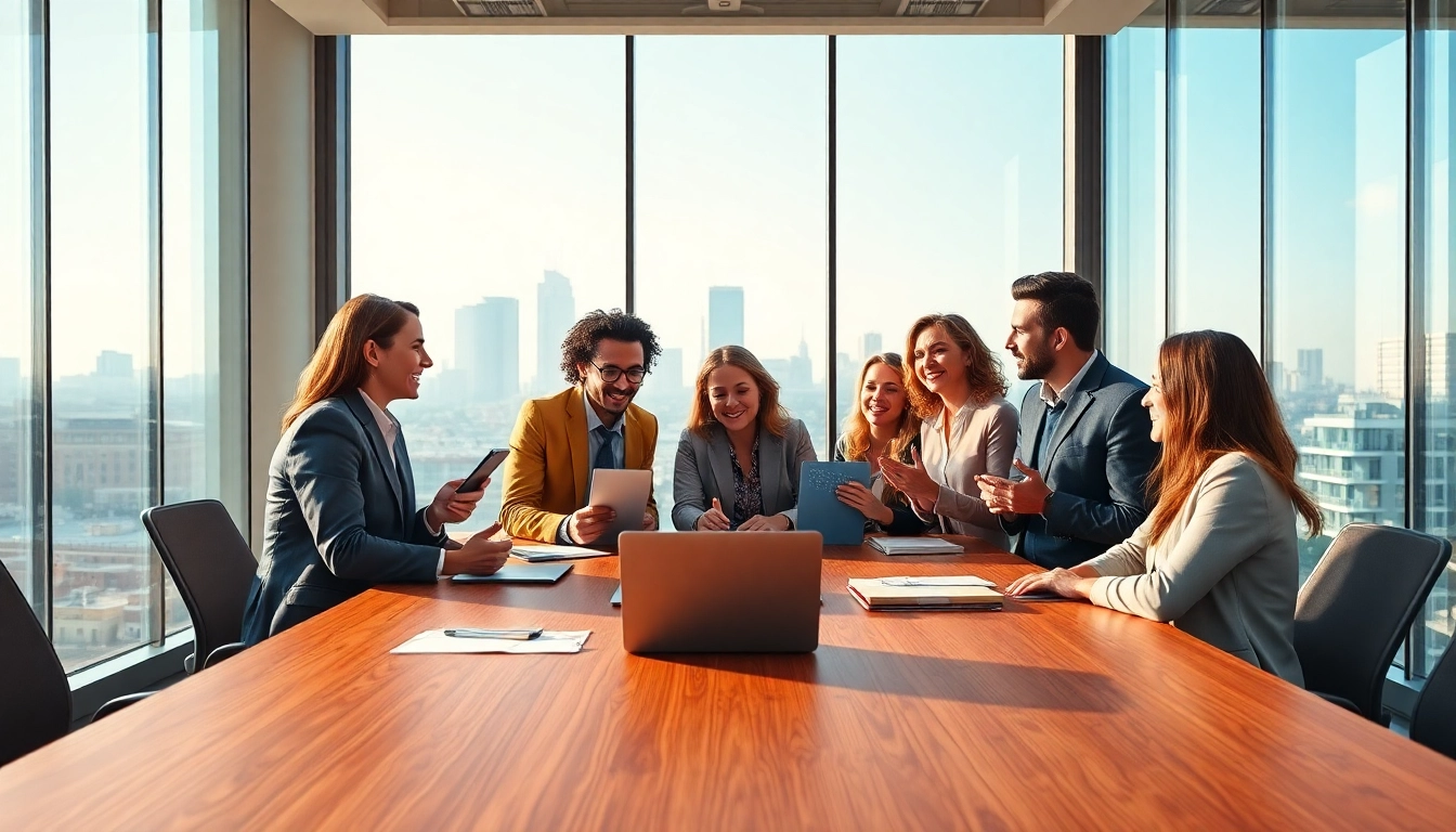 Engaging agents collaborating on a real estate blog project with urban skyline in the background.