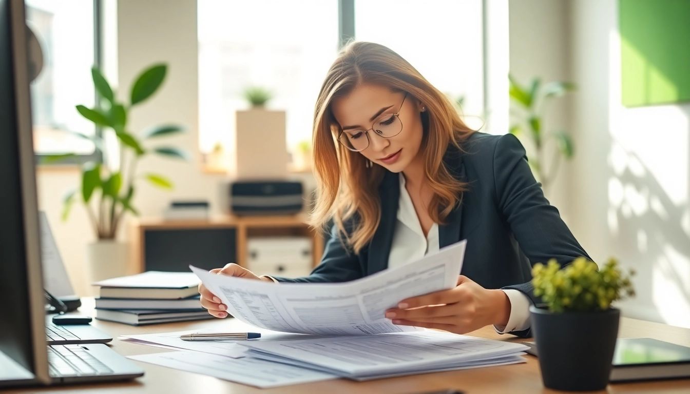 Engaging professional analyzing payroll services documents in a modern workspace.