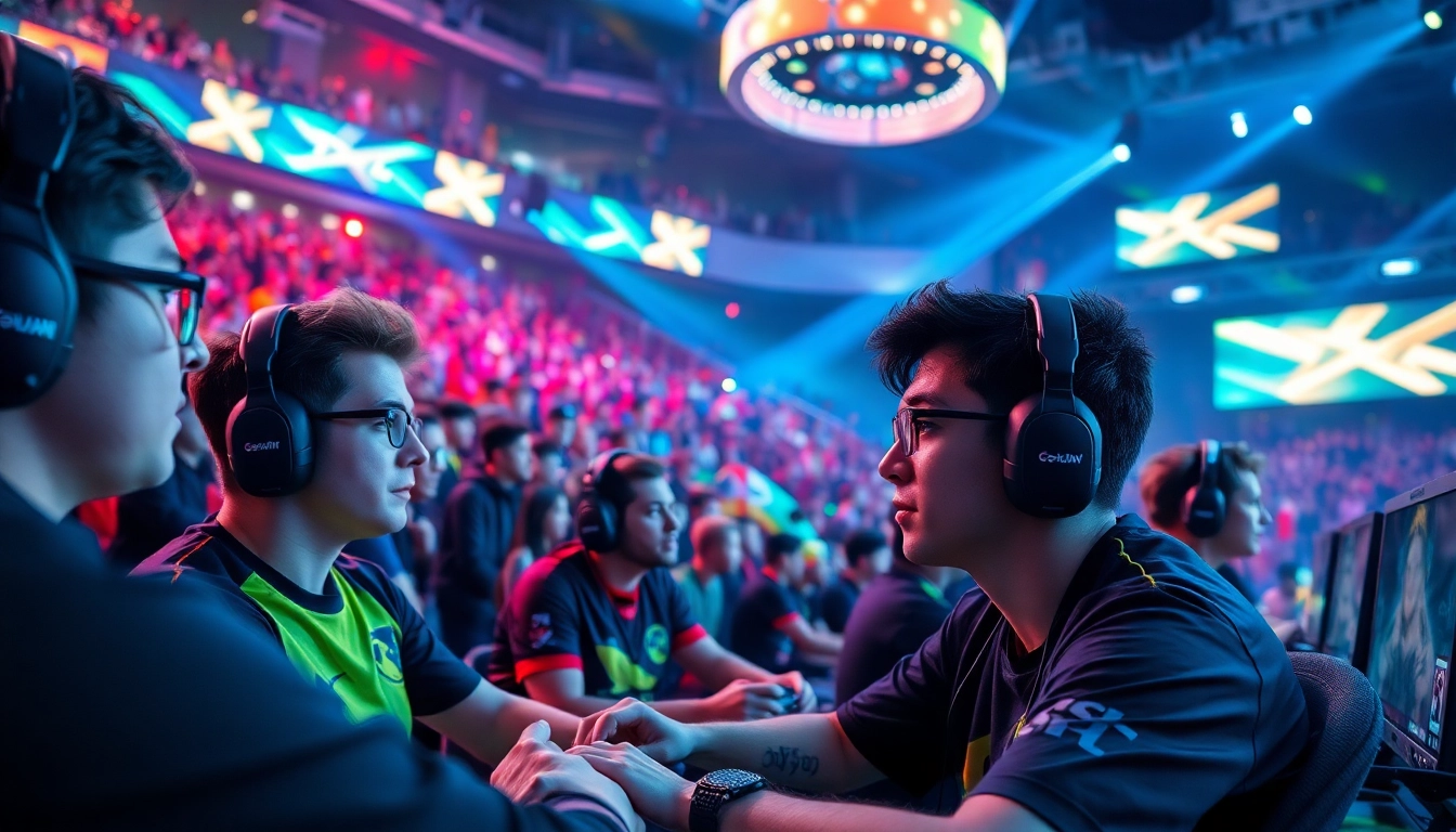 Permainan bolacc game dengan pemain bersemangat di arena esports yang cerah.