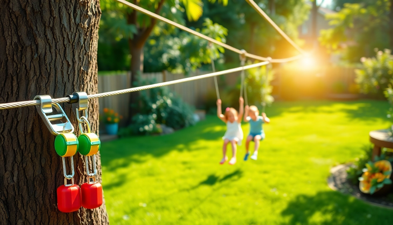 Engaged family enjoying a ZIP WIRE KIT in a lush backyard.