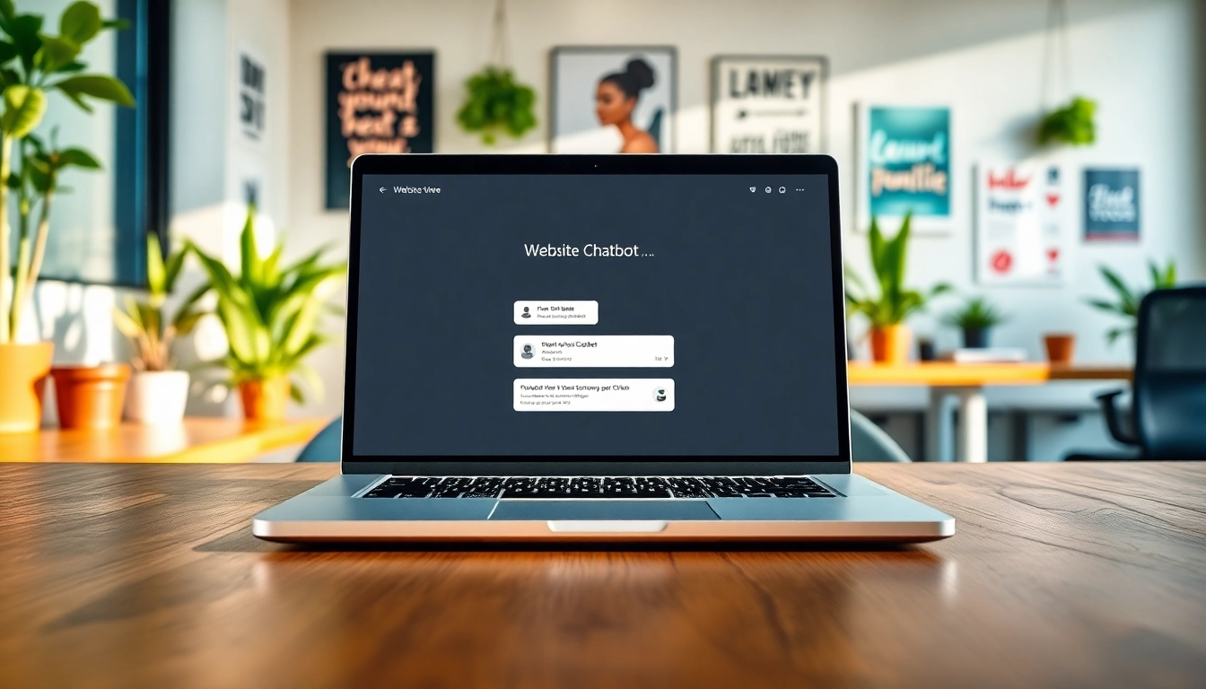 Engage with a website chatbot interface on a modern laptop in a lively workspace.